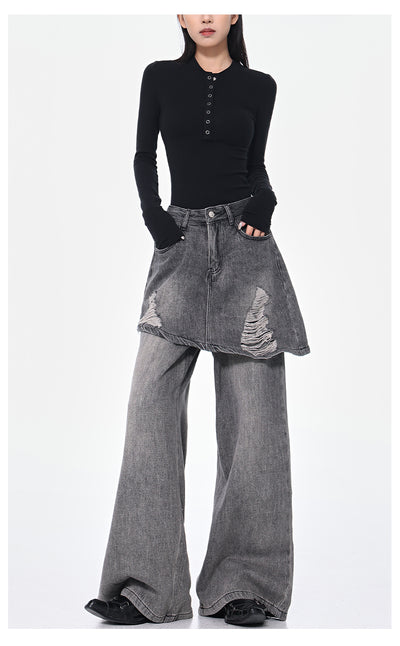 Pantalones Rectos Azul Vintage Efecto Desgastado Doble Tela para Mujer - Image 20