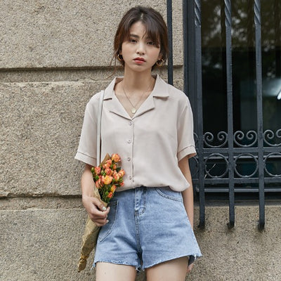 Blusa Elegante de Gasa con Cuello Solapa - Camisa Sofisticada de Manga Corta para Mujer - Image 7