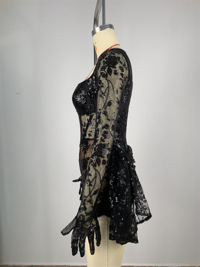 Vestido Ajustado Mini con Cuello Cuadrado y Encaje Espina de Pescado Negro - Image 11