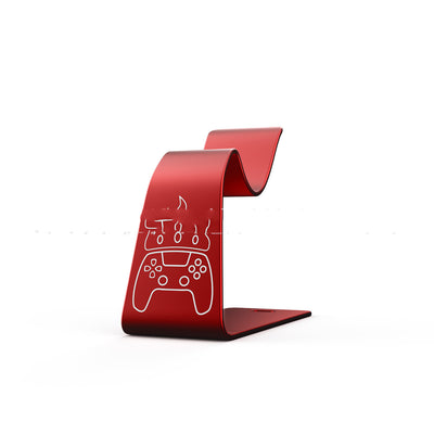 Silver metal gamepad display stand with a white outline graphic of a gaming controller on the front. - Image 8