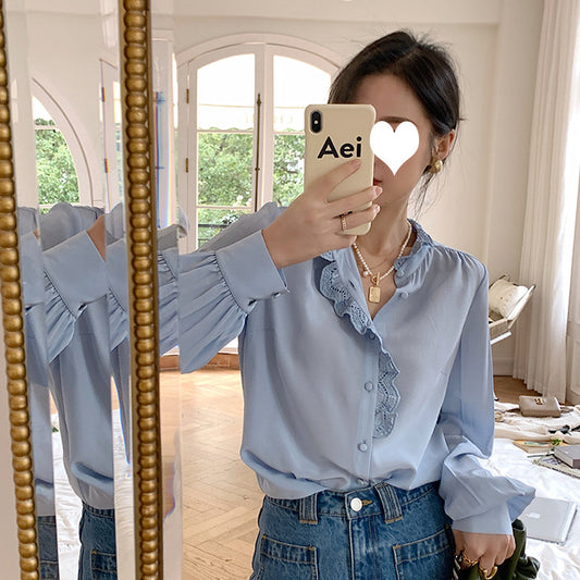 Blusa Francesa Elegante con Cuello Parado y Mangas Abullonadas para Mujer - Image 2