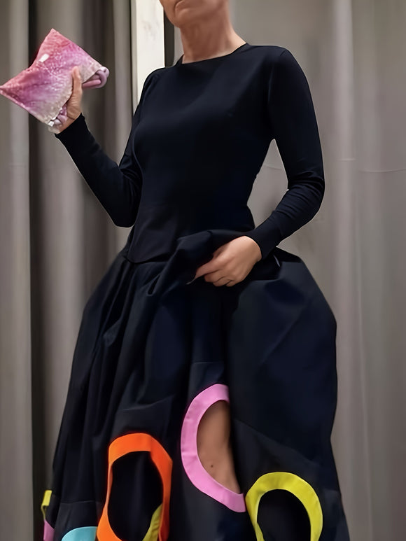 Vestido Largo Elegante para Mujer con Mangas Largas y Escote Redondo
