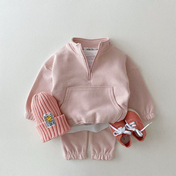 Conjunto Infantil Coreano con Cremallera y Cuello de Pie en Colores Sólidos