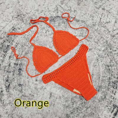 White 3-piece handmade crochet bikini set with triangle top, high-cut bottoms, and fringed mesh beach skirt. - Image 13