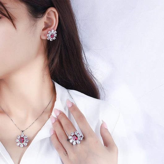 Conjunto de Joyas Plata 925 Flor Tesoro Rojo Paloma - Anillo, Aretes y Pendiente - Image 13