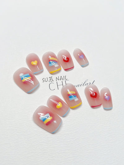 Uñas Personalizadas Arcoíris Candy Hechas a Mano - Image 3