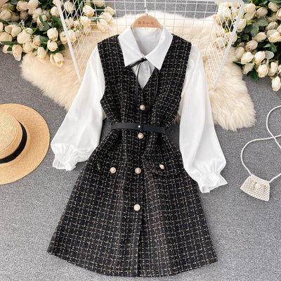 Vestido Houndstooth con Tirantes y Mangas Puff - Image 10