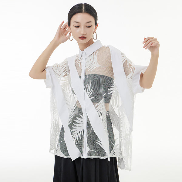Blusa Retro de Encaje Transparente para Mujer