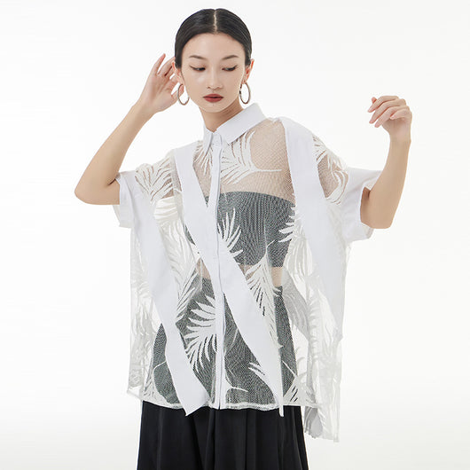 Blusa Retro de Encaje Transparente para Mujer