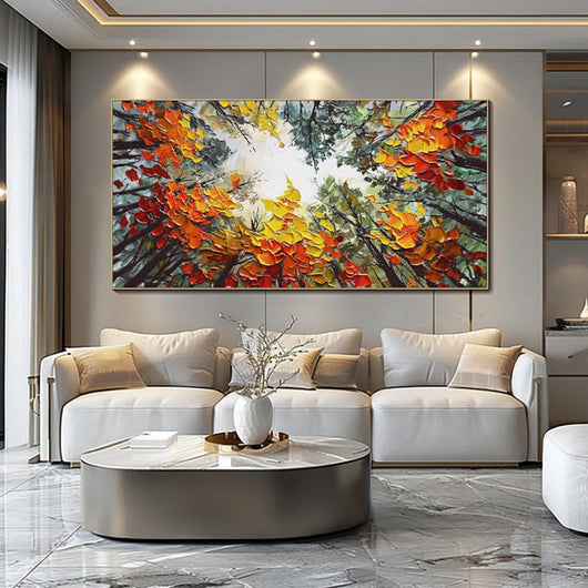 Cuadro Bosque Otoñal Pintado a Mano - Óleo Artístico Naranja y Madera para Decoración Natural - Image 4