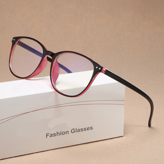 Black plastic round frame anti-blue light glasses for women with clear lenses, shown on a white background.