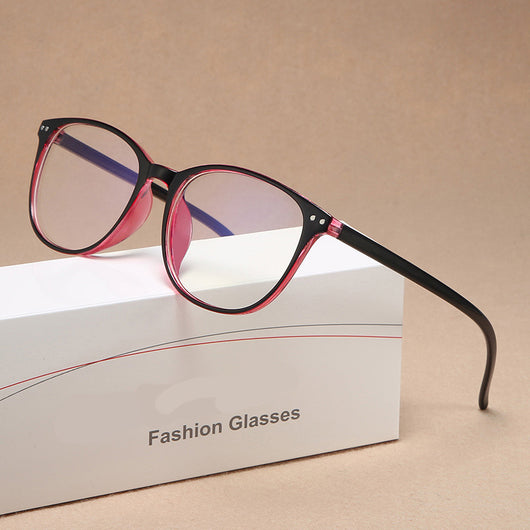 Black plastic round frame anti-blue light glasses for women with clear lenses, shown on a white background.
