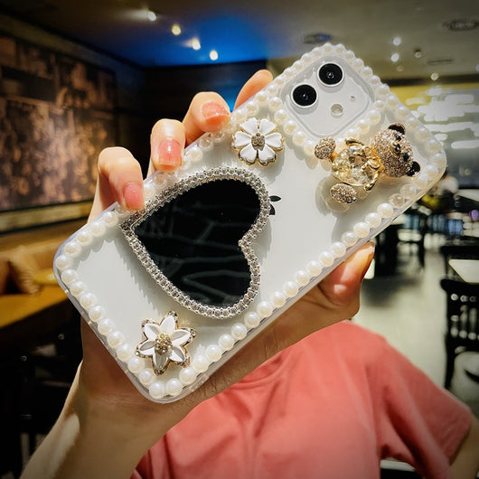 Funda para Celular con Espejo en Forma de Corazón y Brillo de Perlas - Image 5