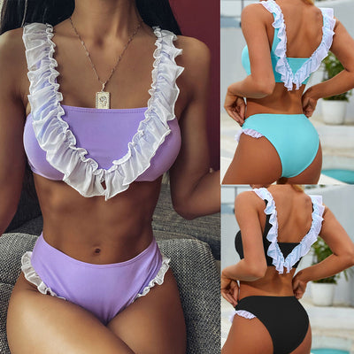 Bikini Dividido con Volantes y Colores Sólidos para Mujer