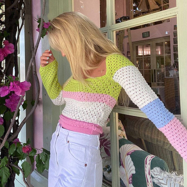 Blusa Tejida Cuello Cuadrado Escote Bajo Rayas Multicolor Manga Larga Ajustada