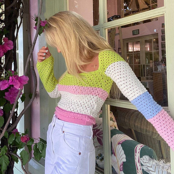 Blusa Tejida Cuello Cuadrado Escote Bajo Rayas Multicolor Manga Larga Ajustada