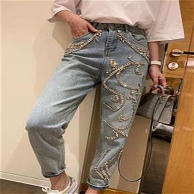 Jeans Sueltos de Cintura Alta con Diamantes Simples para Mujer - Image 7