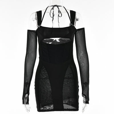 Vestido Ajustado Backless con Malla Transparente y Falda Cadera - Image 5