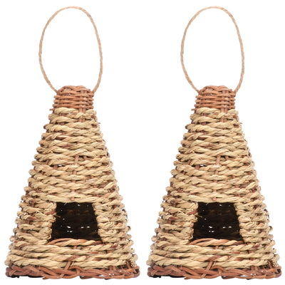 Cone-shaped, flat-bottomed bird's nest woven from natural straw with a small entrance and hanging loop. - Image 4