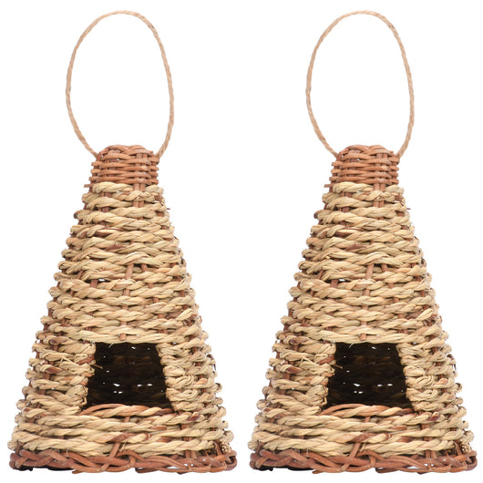 Cone-shaped, flat-bottomed bird's nest woven from natural straw with a small entrance and hanging loop. - Image 4