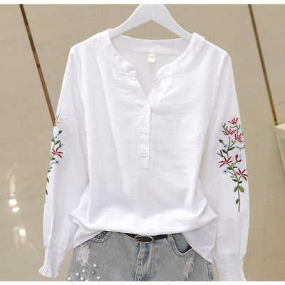 Blusa de Algodón con Escote V y Bordado Plisado Manga Larga - Image 21