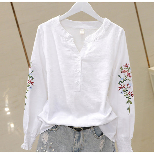 Blusa de Algodón con Escote V y Bordado Plisado Manga Larga - Image 21
