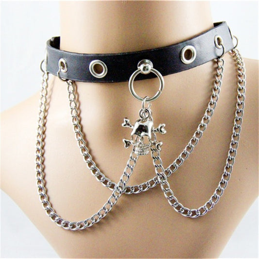 Collar de Cadena de Cuero Personalizado con Calavera Punk