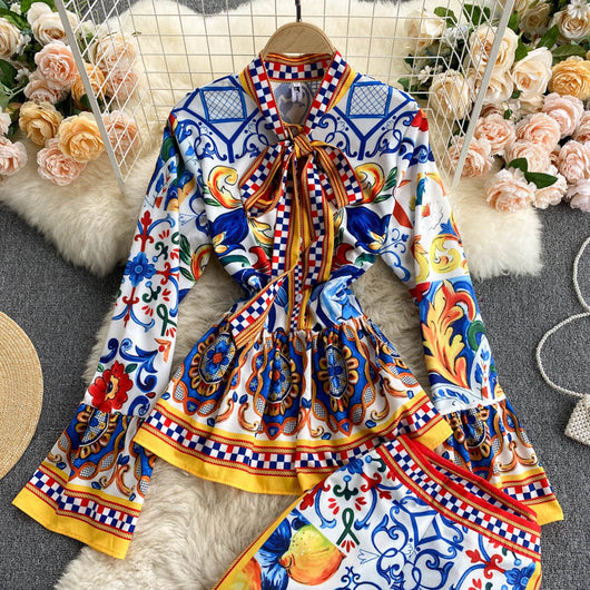 Conjunto Retro Elegante: Blusa Estampada + Pantalón Ancho de Cintura Alta - Image 4