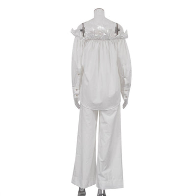 Conjunto Elegante Blusa Blanca Hombro Descubierto con Pantalón Ancho - Image 12