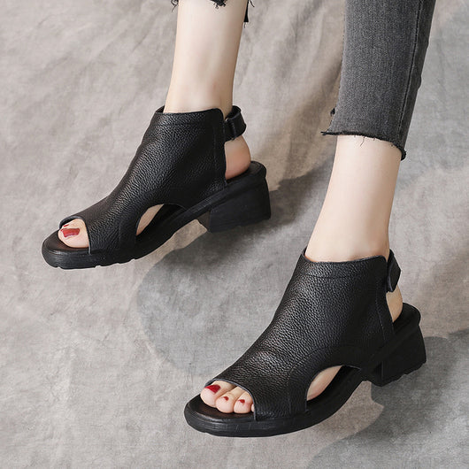 Sandalias Retro de Cuero Genuino para Mujer con Tacón Medio y Suela Suave - Image 4
