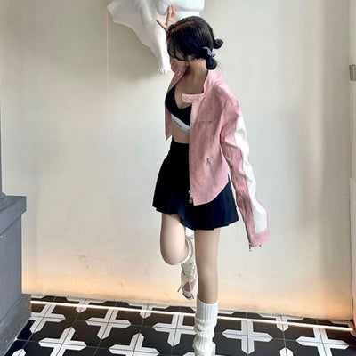 Chaqueta de Cuero Rosa con Cierre y Costuras Decorativas - Image 9