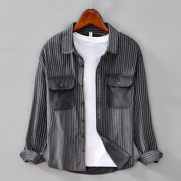 Camisa Retro a Rayas con Bolsillos y Mangas Largas