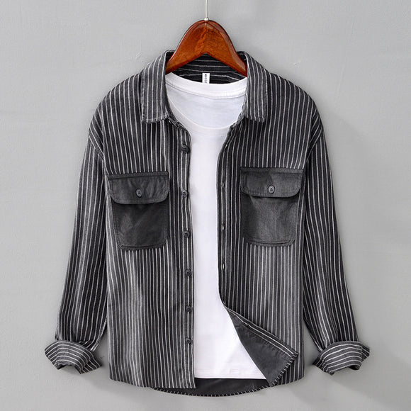 Camisa Retro a Rayas con Bolsillos y Mangas Largas