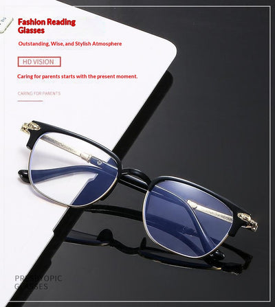 Black and gunmetal large-framed reading glasses with blue-light-blocking lenses for men. - Image 7