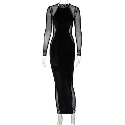 Vestido Largo Ajustado con Malla Transparente y Manga Larga - Image 10