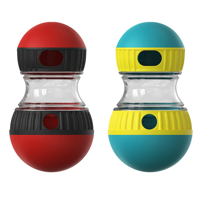 Teal and yellow food dispensing dog toy with a clear middle section and treat holes, designed for slow feeding. - Image 17