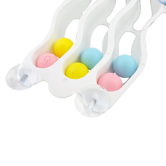 Light blue wavy cat track toy with three levels, colorful balls, and suction cups for window attachment. - Image 10