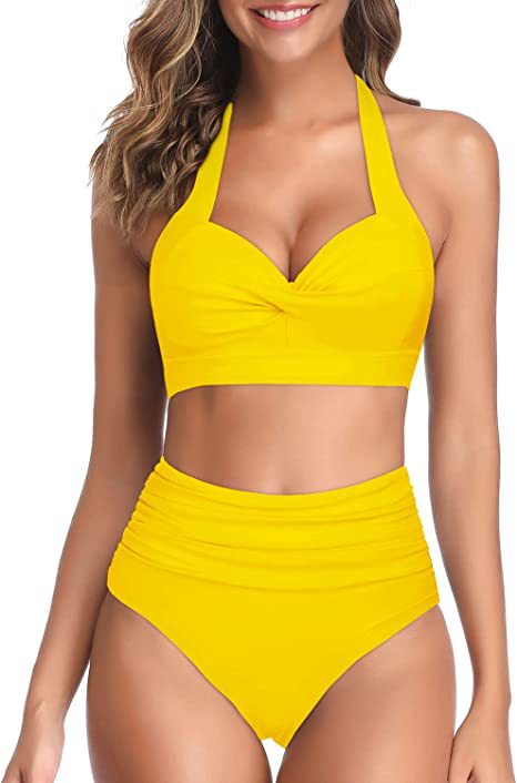 Bright yellow two-piece bikini with a halter neck top featuring a twisted bow and high-waisted ruched bottoms. - Image 9