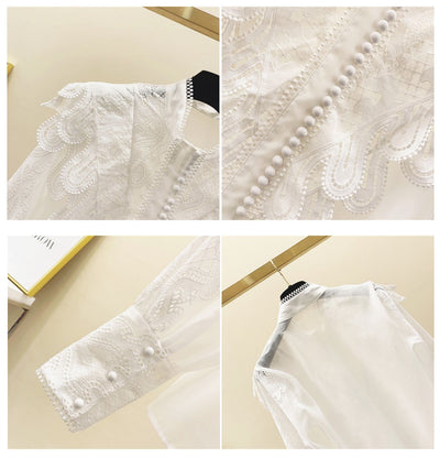 Blusa Blanca Elegante con Cuello Alzado, Encaje y Detalles Bordados - Image 3