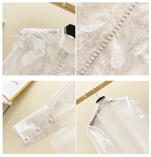 Blusa Blanca Elegante con Cuello Alzado, Encaje y Detalles Bordados - Image 3