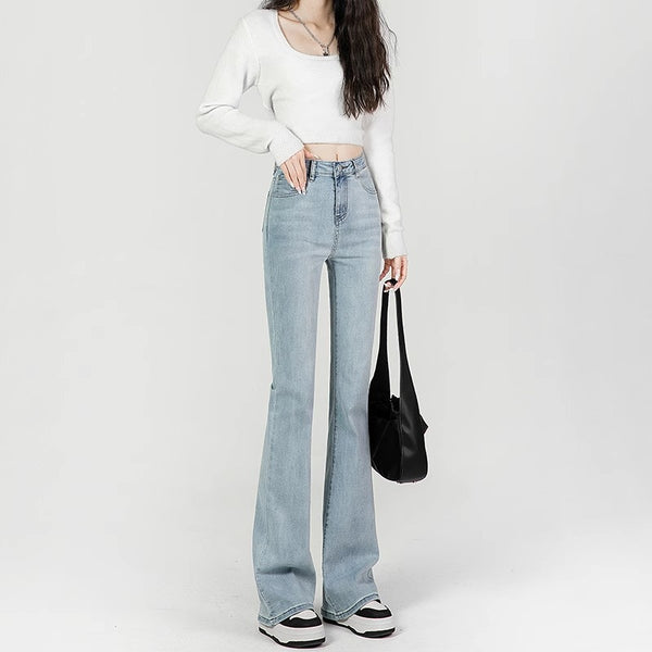 Jeans Acampanados Azul Claro Cintura Alta Reductores Efecto Mopping