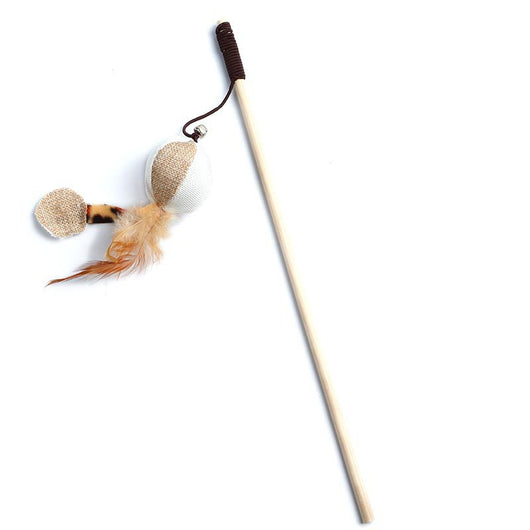 Cat teaser toy with a long wooden pole, a striped ball, brown feathers, and a small bell. - Image 8