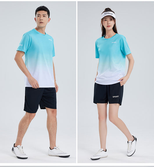 Purple and white gradient short-sleeve t-shirt with 'SPORT' text and black athletic shorts for women. - Image 27