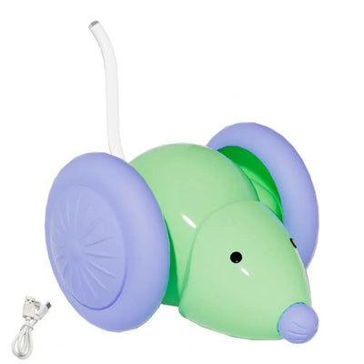 White and grey electric mouse cat toy with large wheels, a glowing blue tail, and a USB charging cable. - Image 16