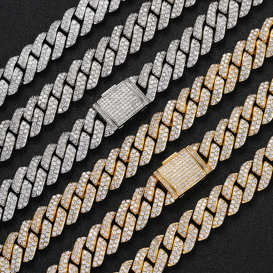 Cadena Cubana de Oro con Diamantes de Circón Doble Fila 15mm