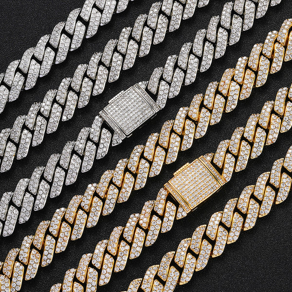 Cadena Cubana de Oro con Diamantes de Circón Doble Fila 15mm