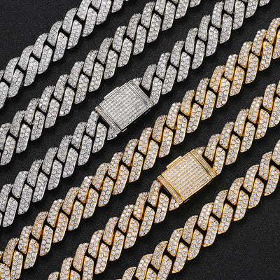 Cadena Cubana de Oro con Diamantes de Circón Doble Fila 15mm