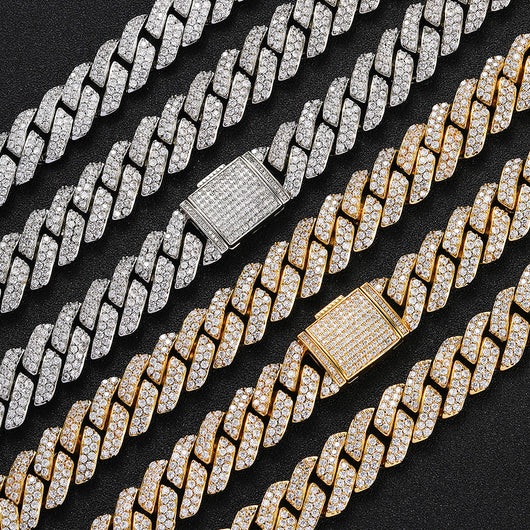 Cadena Cubana de Oro con Diamantes de Circón Doble Fila 15mm