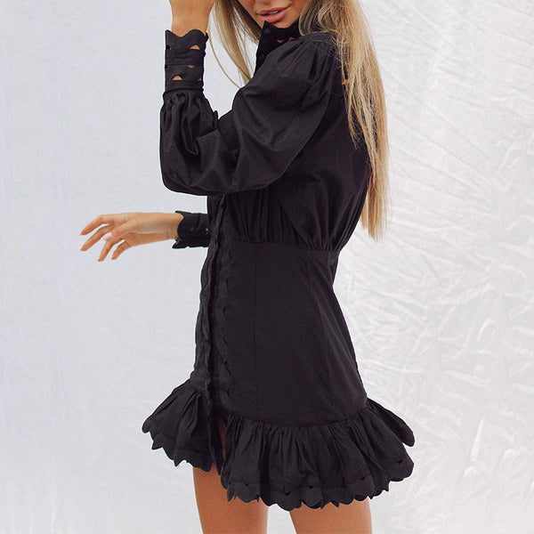 Vestido Mini Sirena Negro y Blanco con Mangas Farol y Botones