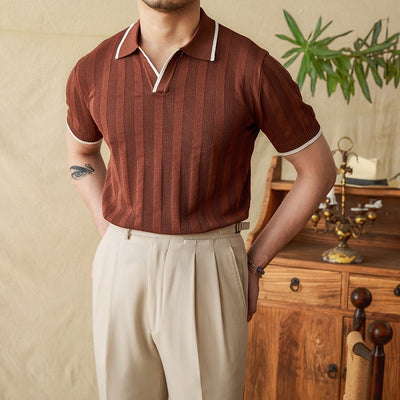 Polo de Punto Tejido con Cuello de Tijeras Manga Corta para Hombre